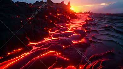 Lava flow on the beach at sunset, 3d render, Lava entering the ocean with many small flows