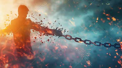 A person physically breaking chains and through barriers representing the idea of overcoming limitations and