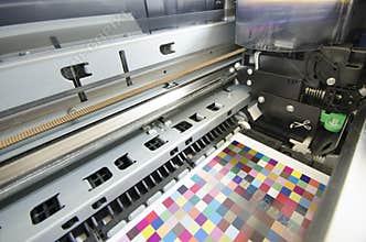 Print shop, inside large format ink jet printer