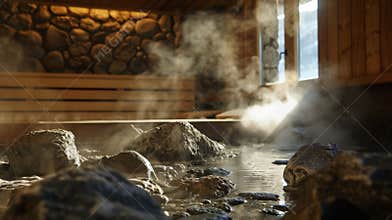 Steam rises from the rocks in the sauna as employees settle in to take advantage of the theutic benefits.