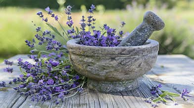A mortar and pestle sits on a rustic wooden table filled with freshly picked lavender buds. The gentle curves of the