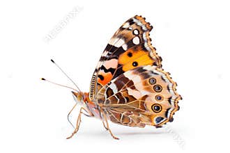 Beautiful Painted Lady butterfly isolated on a white background. Side view