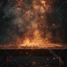 Wooden table with fire and smoke background.