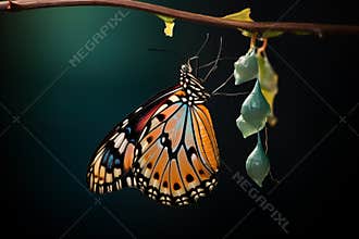 Butterfly emerging from its chrysalis, unfurling its wings to reveal stunning patterns and hues. Generative AI