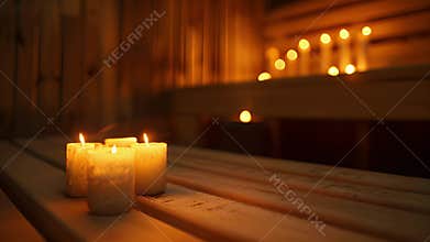The soft glow of candles in a sauna creating a calming ambiance for those seeking a better quality sleep.
