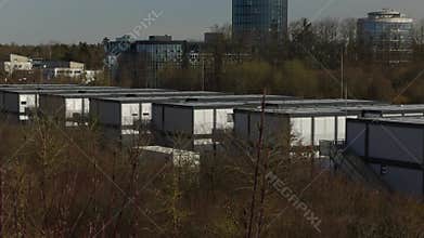 Migrant camp for refugees from Ukraine in Munich, Germany. Temporary shelter for war asylum seekers in germany