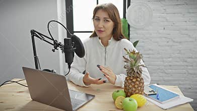 Young woman podcasting in a modern radio studio with laptop, microphone, and fresh fruits on desk, indoors