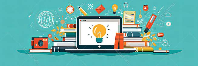 A tablet device with a light bulb resting on top of stacked books, symbolizing education technology, online learning