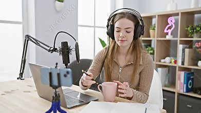 Young caucasian woman podcasting with microphone and laptop in studio setting