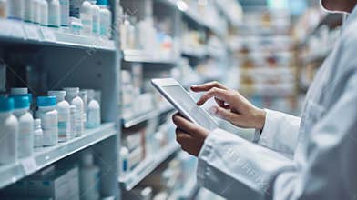 A pharmacist using a tablet to remotely access the AI system and manage inventory levels while away from the pharmacy