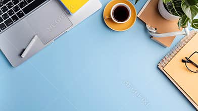 Generative AI Minimal work space  Creative flat lay photo of workspace desk Top view office desk with laptop noteb