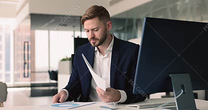 Financial analyst working using pc, reviewing charts and graphs