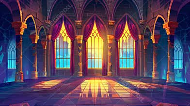 Castle royal ballroom interior cartoon background. Medieval hall for ball with curtain on window. Dance hall with column