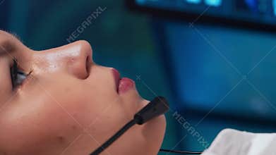 Workplace of the air traffic controllers in the control tower. Team of professional aircraft control officers works