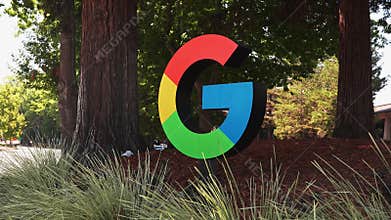 Exterior view of Google Bay View modern campus building. Large letter G