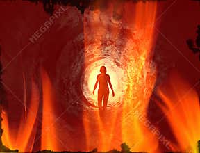 Walking human in the tunnel on fire