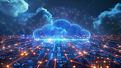 Cloud Computing Concept Over Networked Cityscape at Night