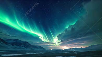 An awe-inspiring aurora borealis illuminates the night sky as it dances above a majestic mountain range covered in snow, The