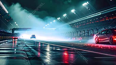 A car with headlights on drives down a wet track, creating streaks of water and tire marks, The start line of a sport car racing