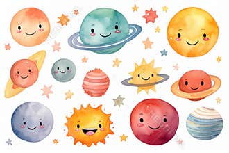 A watercolor painting of the solar system, with cute cartoon faces on each planet and star