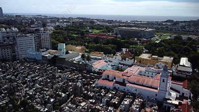 Aerial view of Buenos Aires cemetery. Ancient necropolis, historic chapel, and old architecture in