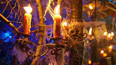 A spooky Halloween party with wagon wheel chandeliers adorned with cobwebs and candles adding to the haunted vibe. 2d