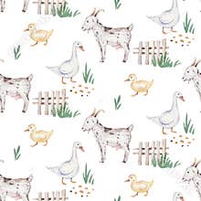 Watercolor seamless pattern with cute farm animals with goat, horse, goose and cow. chicken, sheep and pig domestic animal