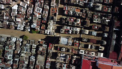 Ancient graveyard in Buenos Aires. Historic cemetery, necropolis, chapel architecture. Aerial drone