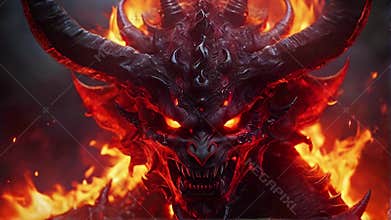 Hellish demon lord with fiery eyes and black horns in a hell. Fierce fantasy creature in a fiery environment. Concept of