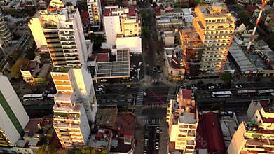 City architecture, aerial view in sunset light