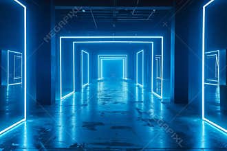 Futuristic empty black room with blue neon lights and glowing door frames