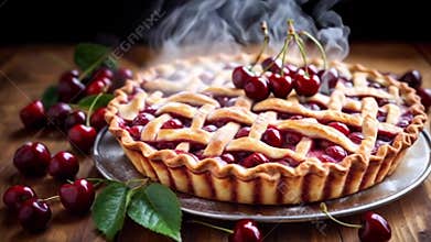 Steaming freshly baked hot cherry pie with golden lattice crust on rustic wooden table. The steam rising from the pie