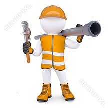 3d man in overalls with screwdriver and sewer pipe