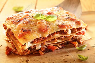 Golden lasagne with meat and pasta