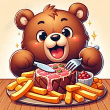 Little bear sits at the table and eats marbled beef steak with a knife and fork
