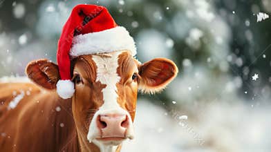 Festive Christmas Cow Wearing Santa Hat in Winter Wonderland