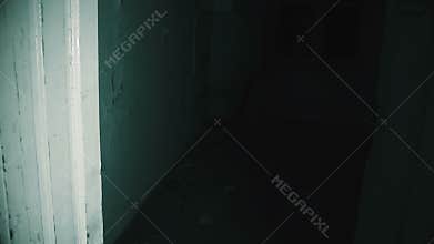 Old and weathered door in a dilapidated building suddenly swinging open.