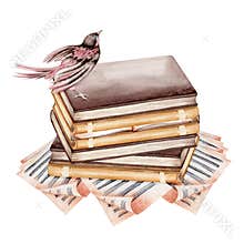 Small bird on a pile of old books and sheet music manuscript paper pages. Vintage postcard or poster composition. Hand drawn