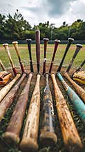 Collection of baseball bats and gloves on field grass, Concept of baseball equipment, sports gear, team sport. Vertical