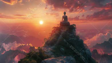 Statue of Buddha in a high rocky mountain at sunset