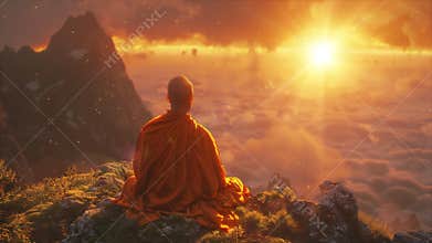Video recreation of buddhist monk sitting in a mount staring the sunset