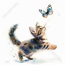 A playful cat chasing a butterfly, painted in whimsical watercolor tones, beautifully isolated on a