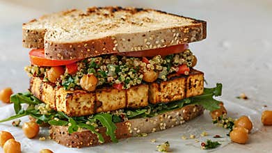 A sandwich packed with protein from layers of grilled tofu roasted chickpeas and a scoop of quinoa tabbouleh