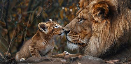Closeup of a Lion Cub and Adult Lion Nuzzling in a Forest