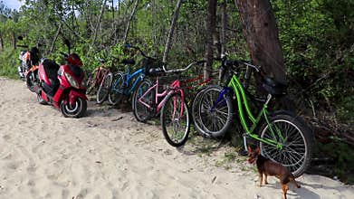 Colorful parked bicycles scooters at beach Playa del Carmen Mexico