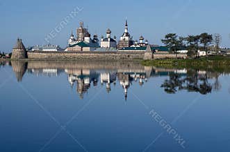 View of Solovetsky Monastery with clear reflection
