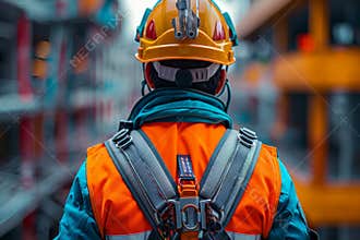 Workers in safety harnesses at height against blurred sky background for secure elevated work