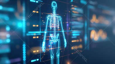 Holographic medical scan, futuristic health tech, neon blue background