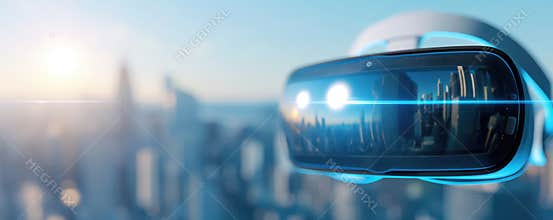 Virtual reality headset displaying a high-tech cityscape, immersive tech, next-gen experiences