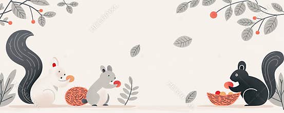 Forest animals, squirrels gathering nuts and birds building nests, flat design illustration